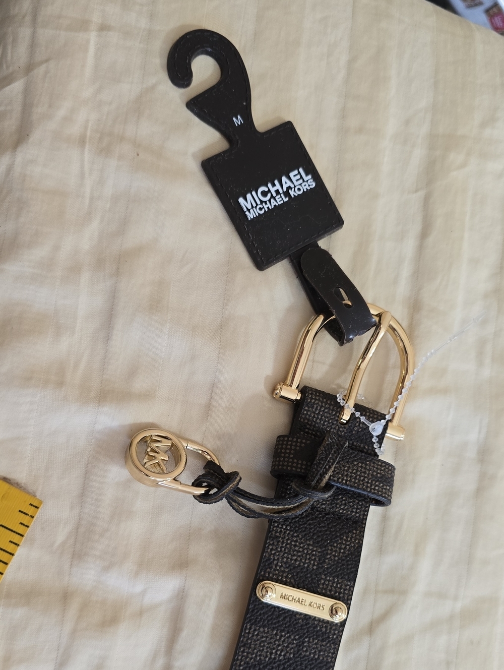 Michael Kors Brown Leather Belt with Gold Buckle and Logo Charm